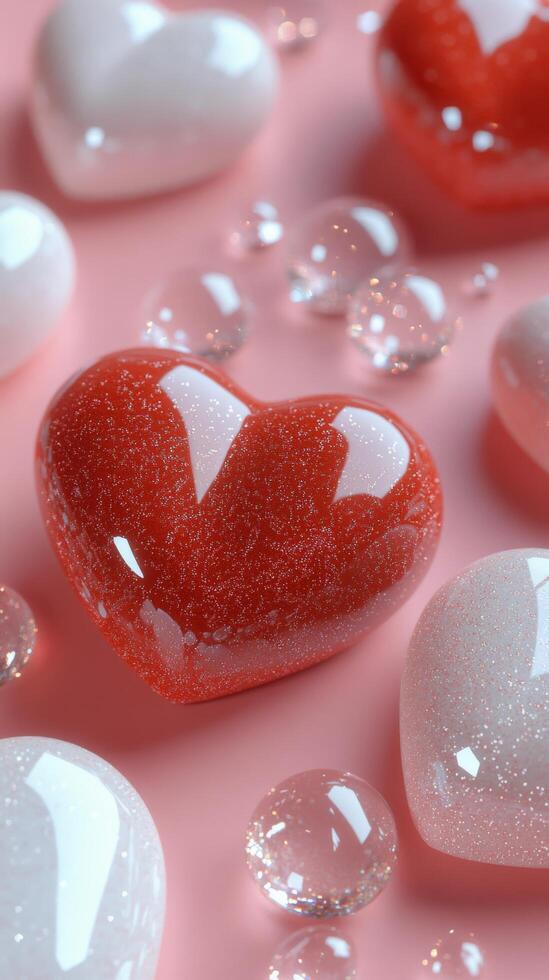 Colorful sparkling hearts arranged on a soft pink background for a festive celebration photo