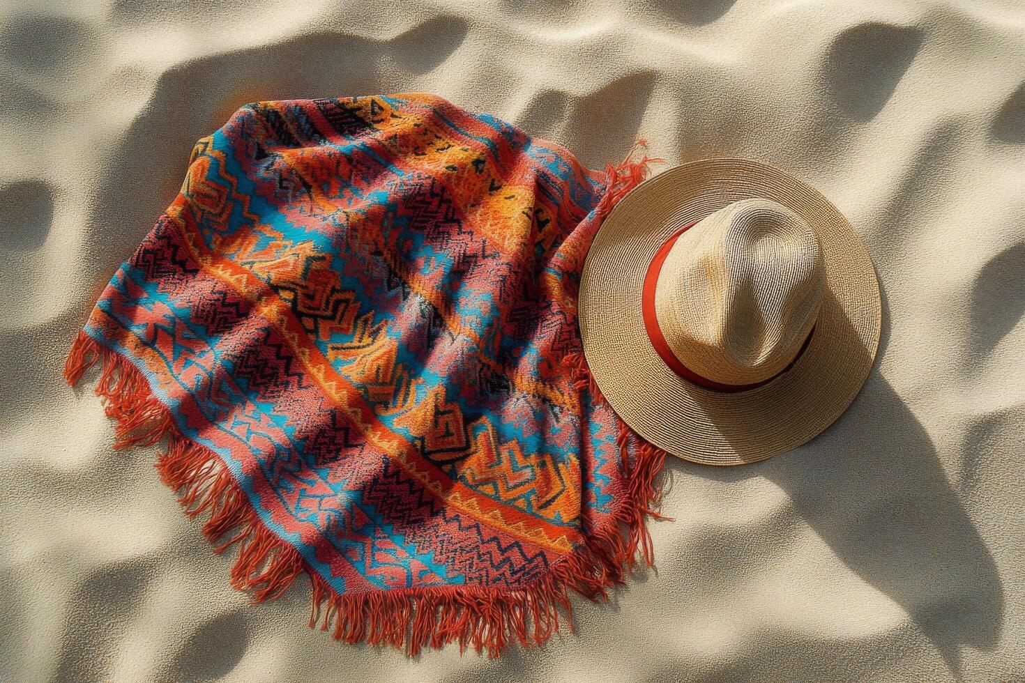 Colorful blanket and straw hat on sandy beach at sunset showcasing vibrant patterns and textures photo