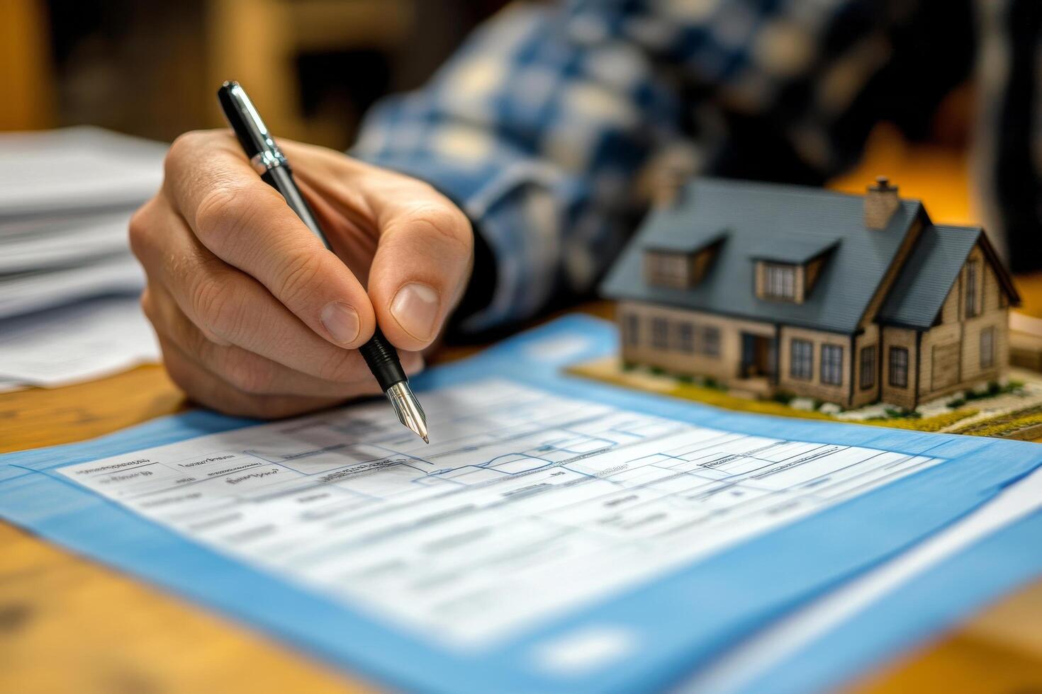 Person reviewing blueprints while planning a model house construction at a wooden table photo