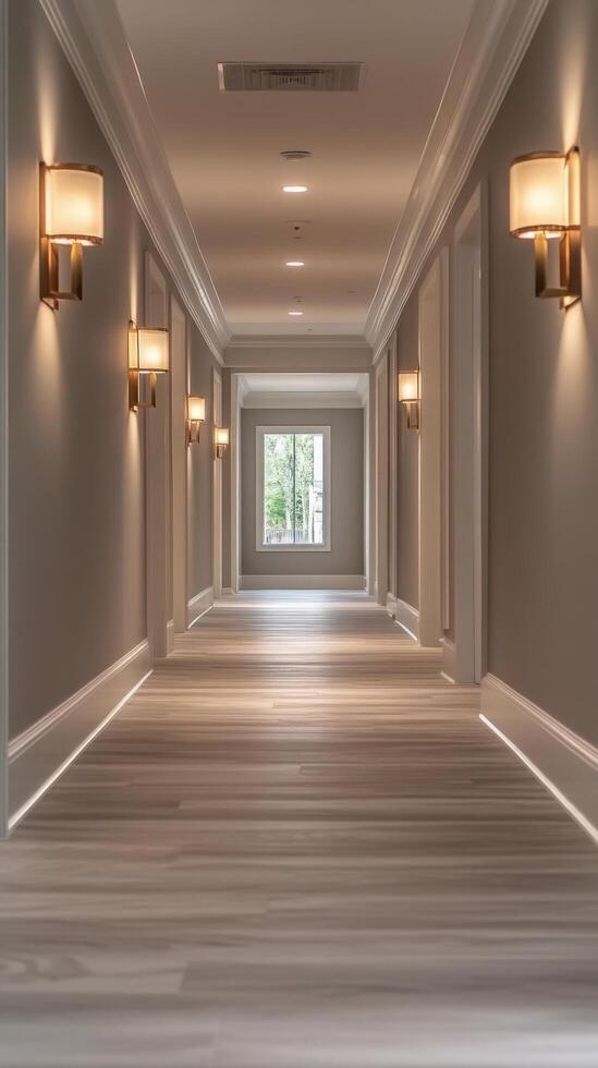 Bright and modern hallway with elegant lighting in a contemporary building during the day photo