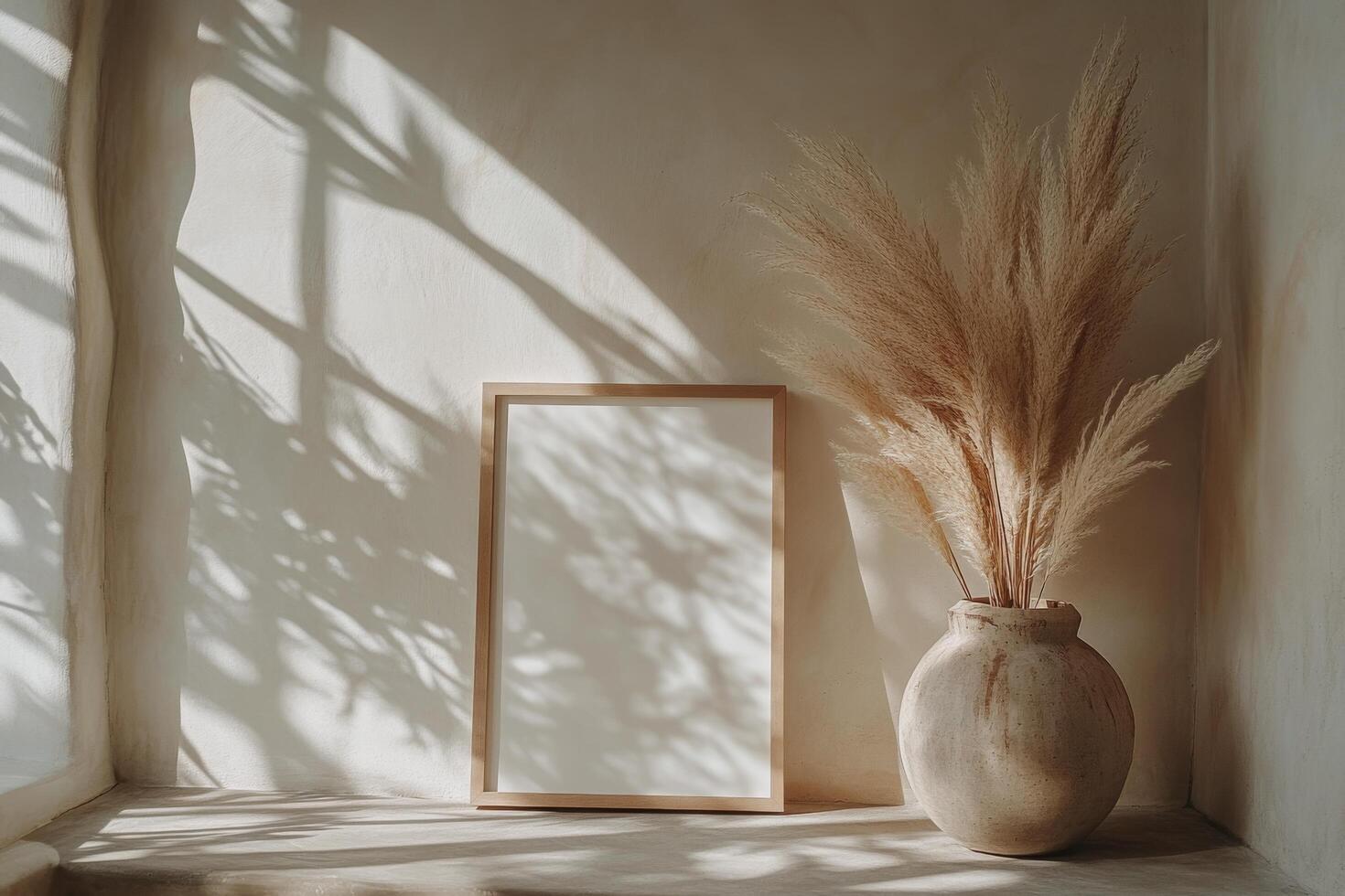 A minimalist interior featuring pampas grass and a blank frame in soft natural light photo