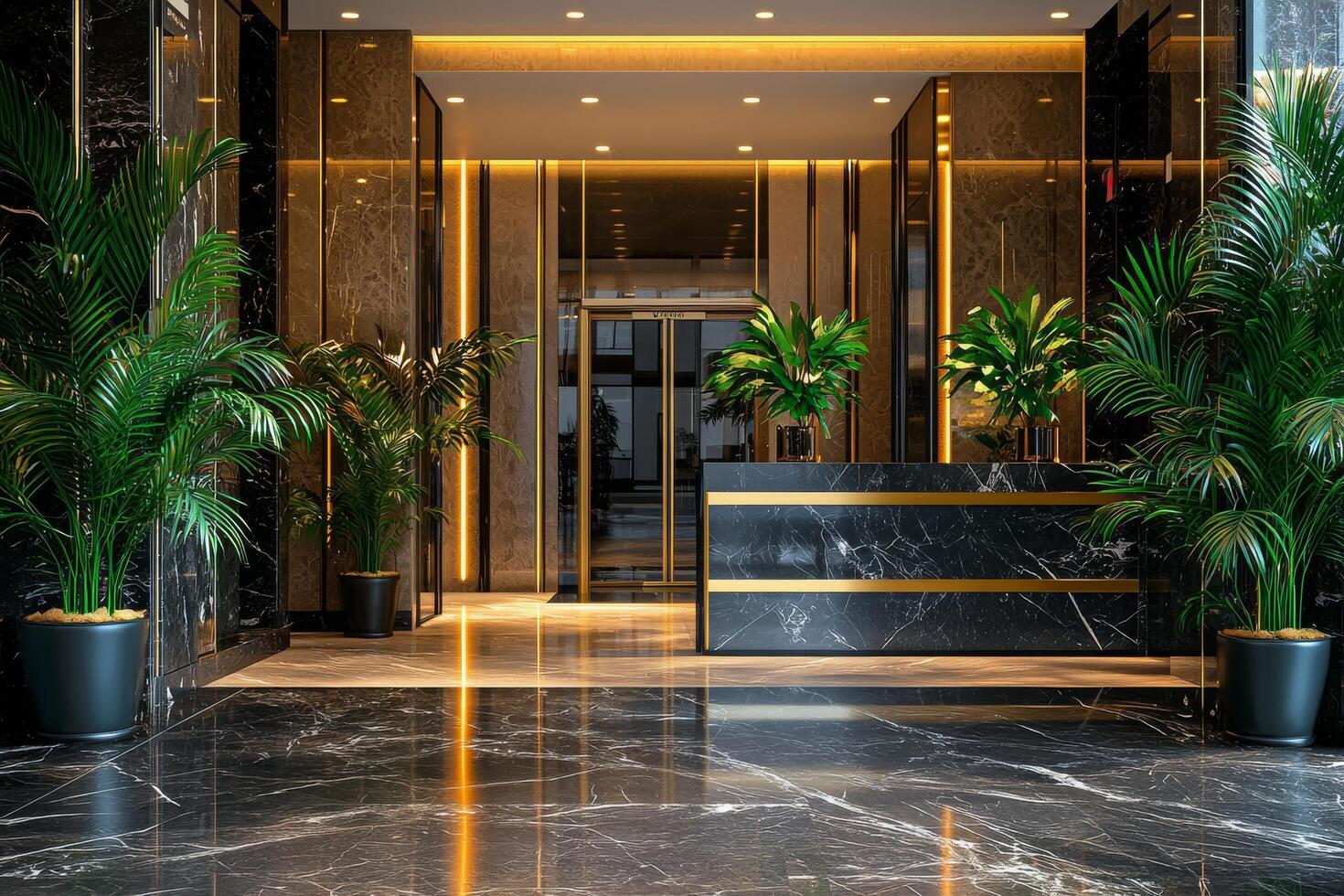 Elegant entrance of a modern building featuring lush plants and polished floors during daylight photo