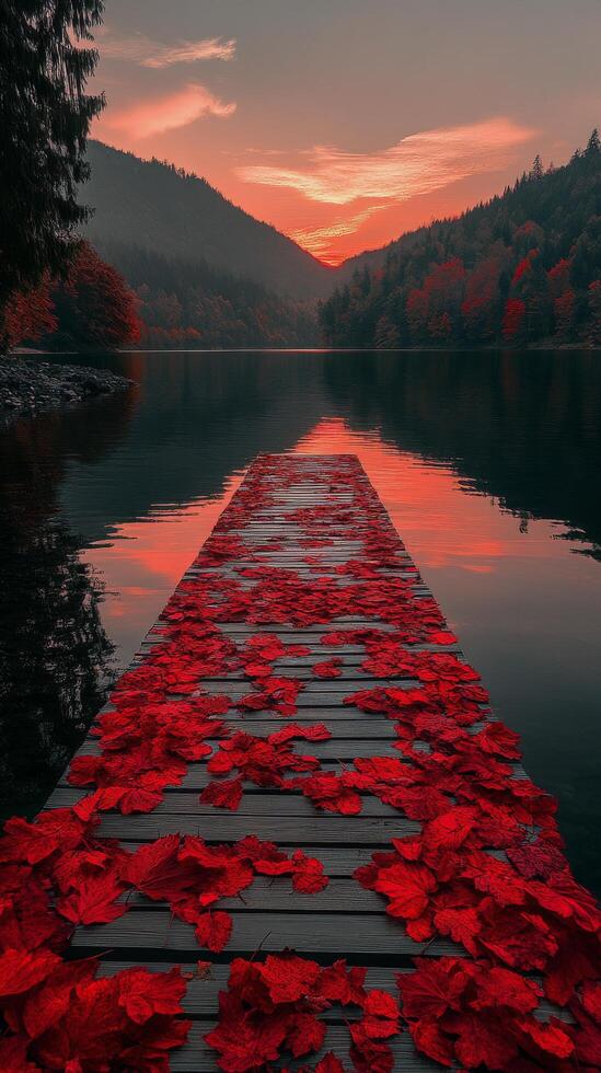 Beautiful sunset over a tranquil lake with a wooden pier covered in red leaves in autumn photo