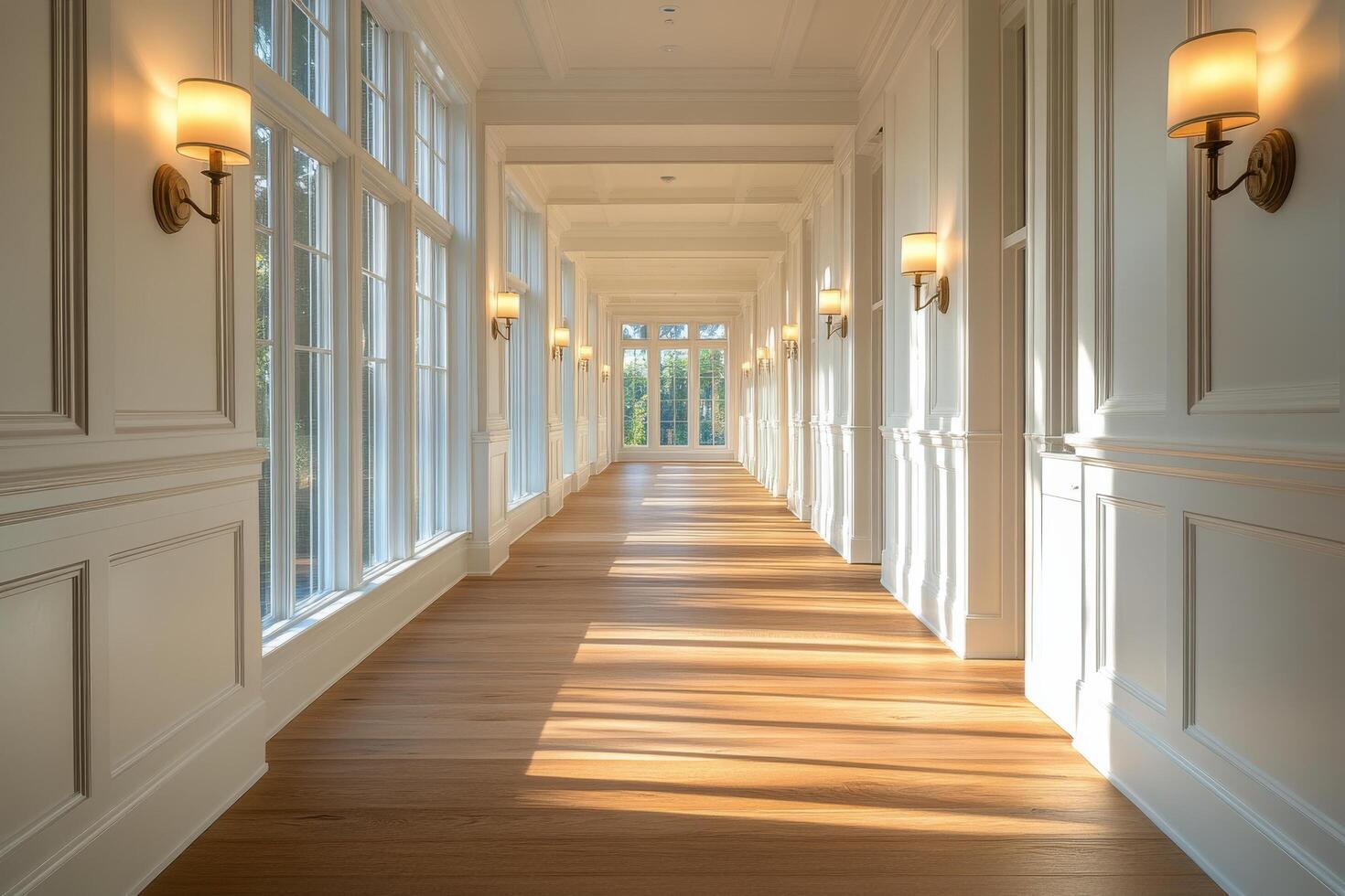 Elegant interior hallway with wooden flooring and stylish wall sconces in a modern building photo