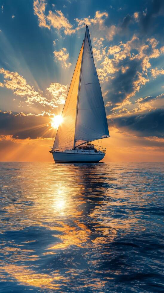 Beautiful sailboat gliding across calm waters during sunset with vibrant clouds photo
