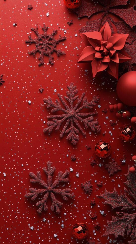 Festive red background with gold and black snowflake patterns during the holiday season photo