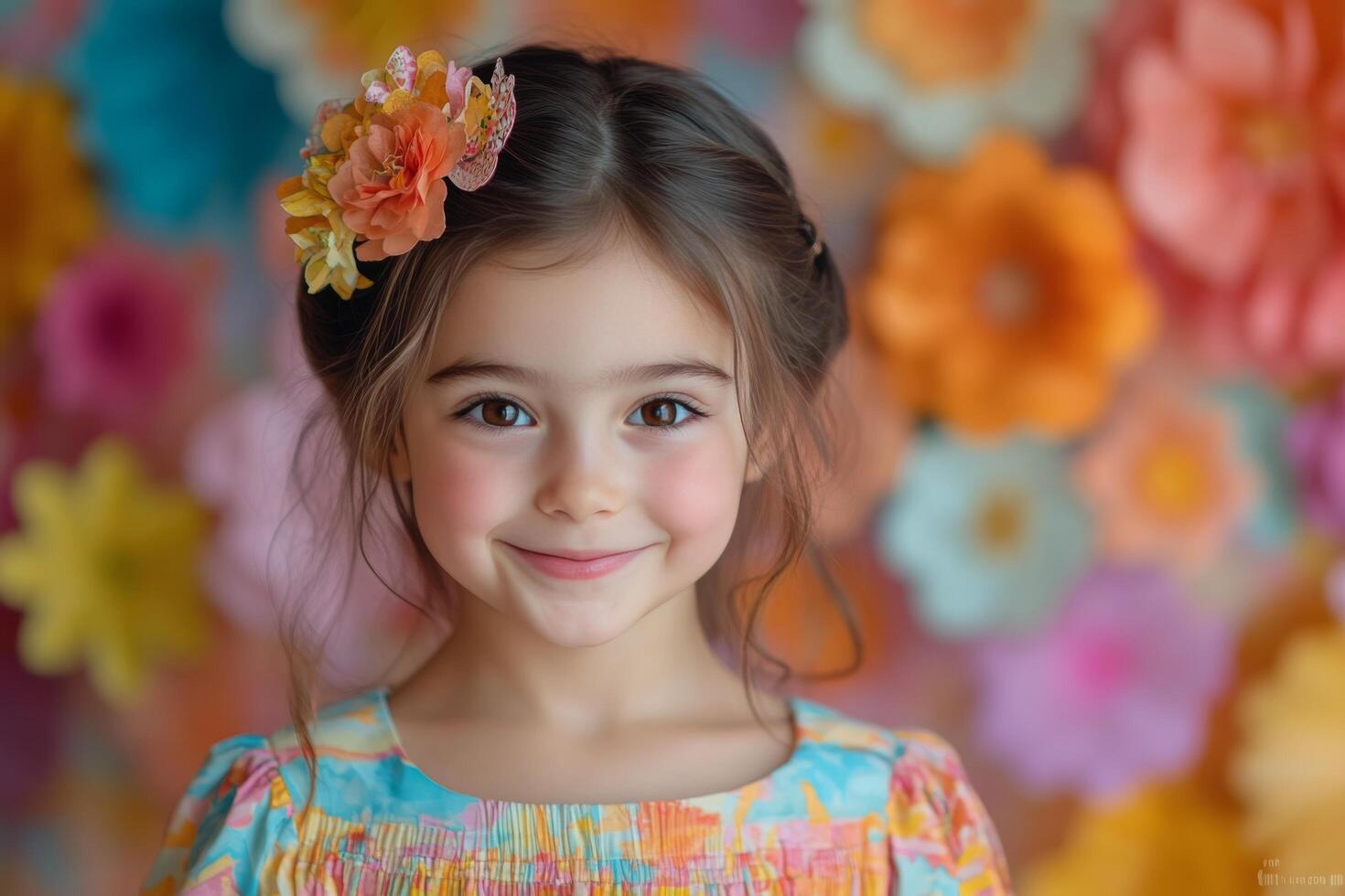 Young girl in colorful traditional attire smiles against a vibrant floral backdrop at a festival photo