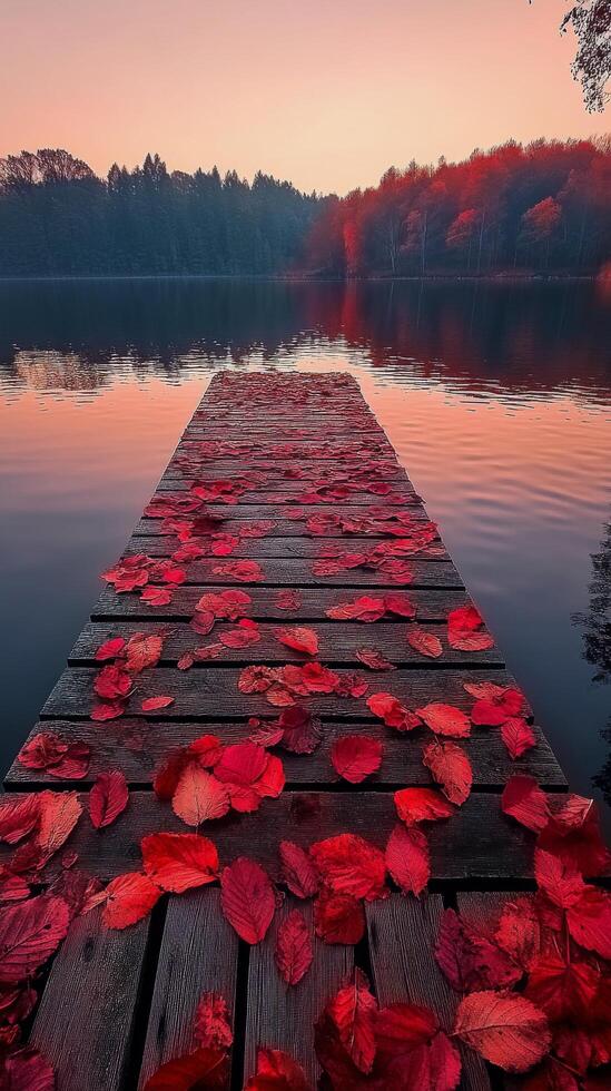 Beautiful sunset over a tranquil lake with a wooden pier covered in red leaves in autumn photo