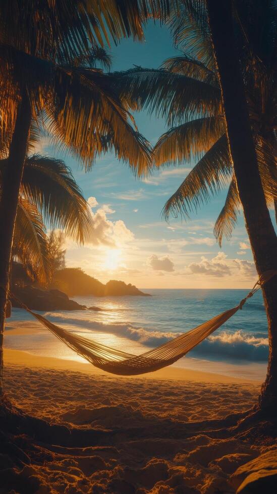 Relaxing hammock by the beach at sunset with palm trees and soft waves photo