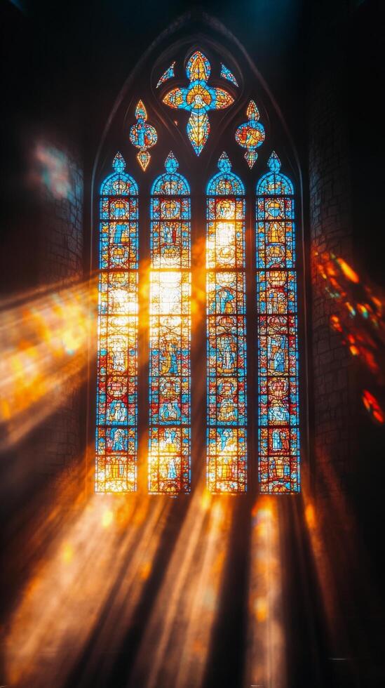 Sunlight streaming through stained glass windows in an ancient church during early morning hours photo