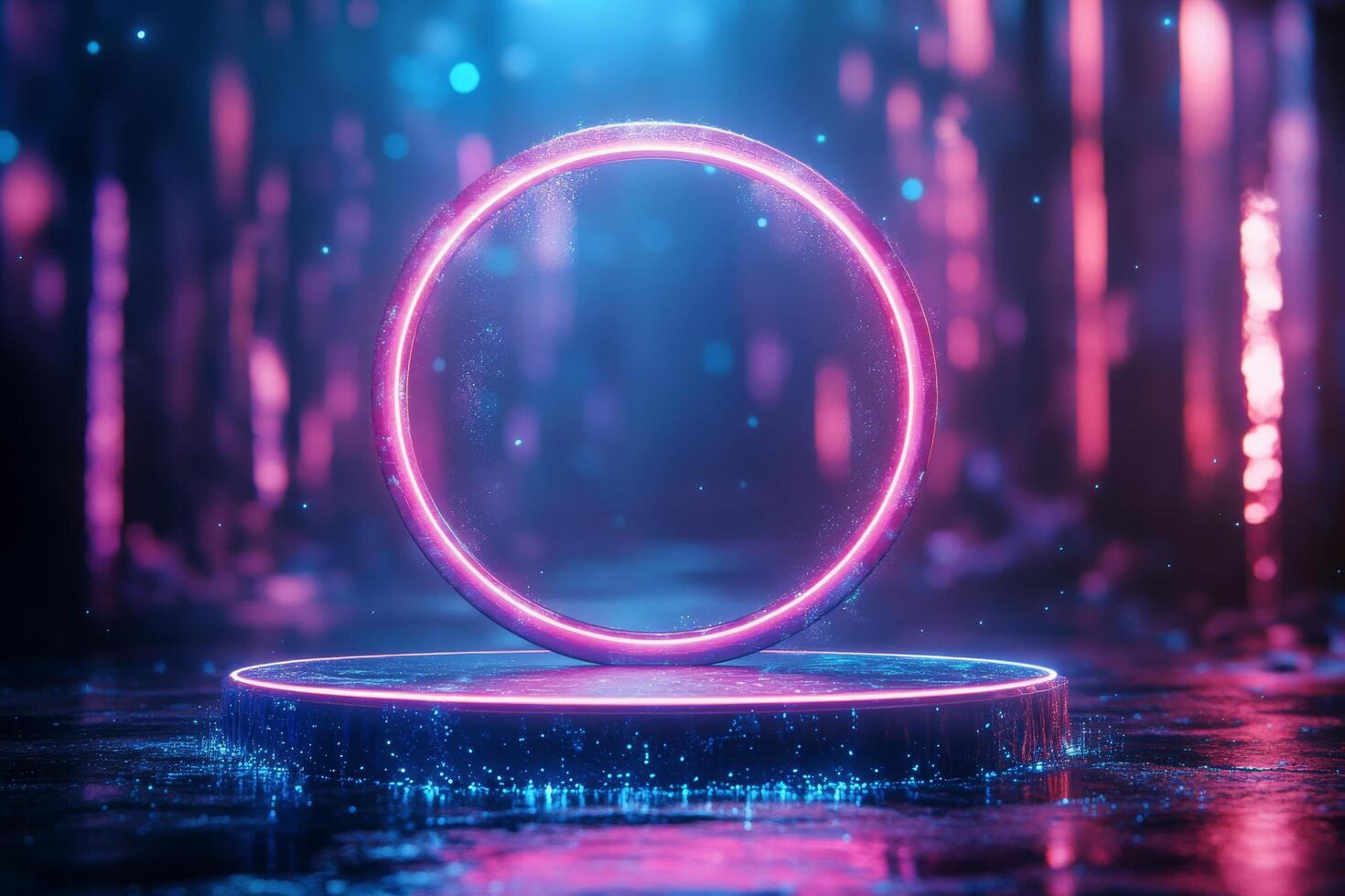 A vibrant neon circle illuminated in a reflective setting during a night scene photo