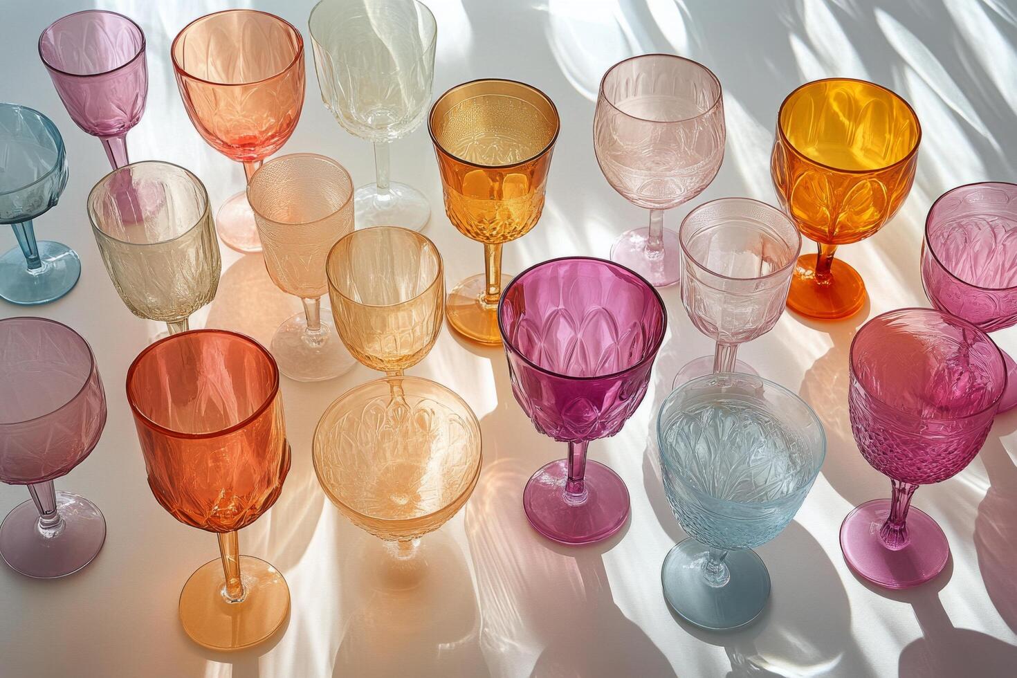 Colorful glassware arranged elegantly in soft morning light on a light colored background photo
