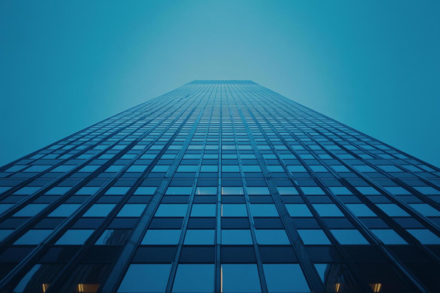 Aerial view of a towering modern skyscraper reflecting blue skies at midday photo