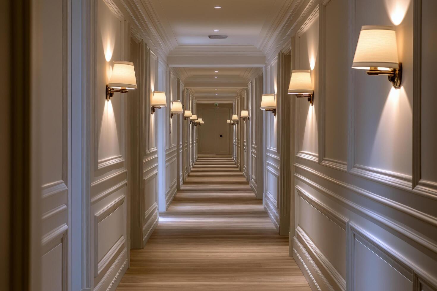 Elegant hotel corridor illuminated by soft wall sconces in a modern building setting photo