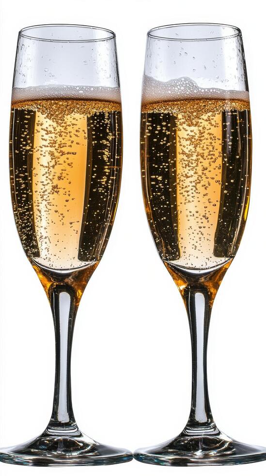 Elegant champagne flutes filled with sparkling beverage during a celebration in clear light photo