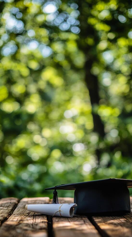 Black yoga mat rolled up on a wooden surface in a serene green outdoor environment during daytime photo