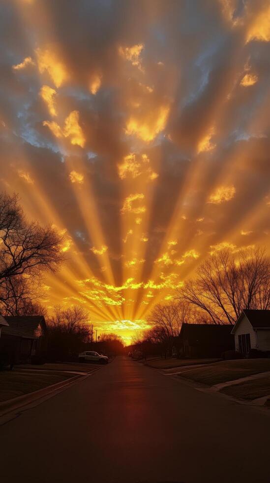 Beautiful sunset with vibrant clouds and rays illuminating a quiet suburban street photo