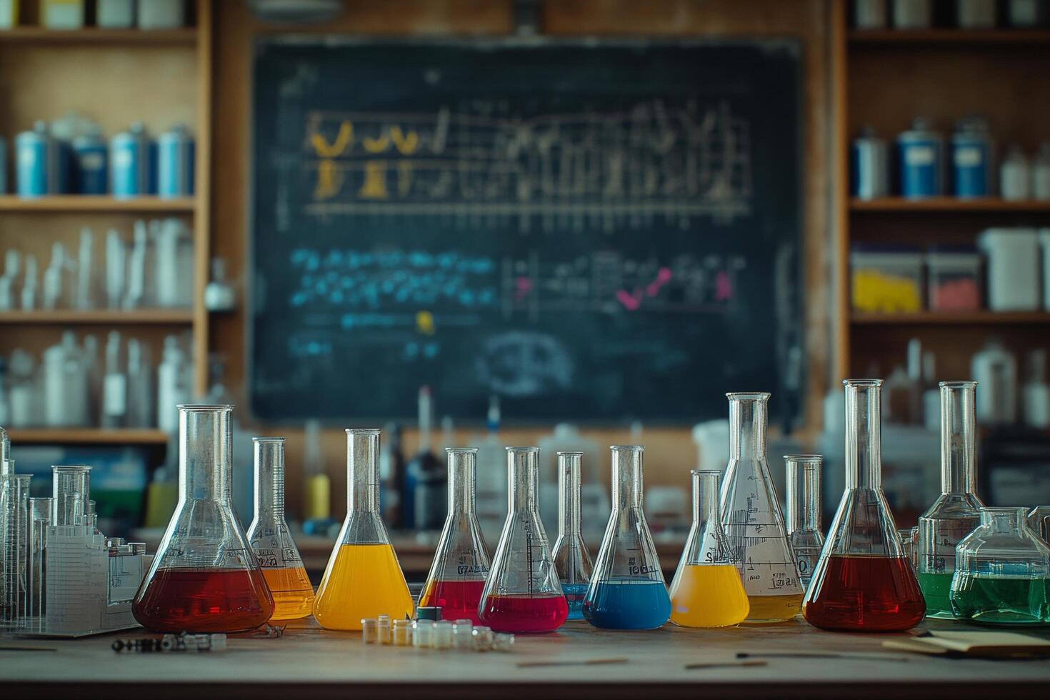 Colorful laboratory flasks arranged on a wooden table in a chemistry lab during daylight hours photo