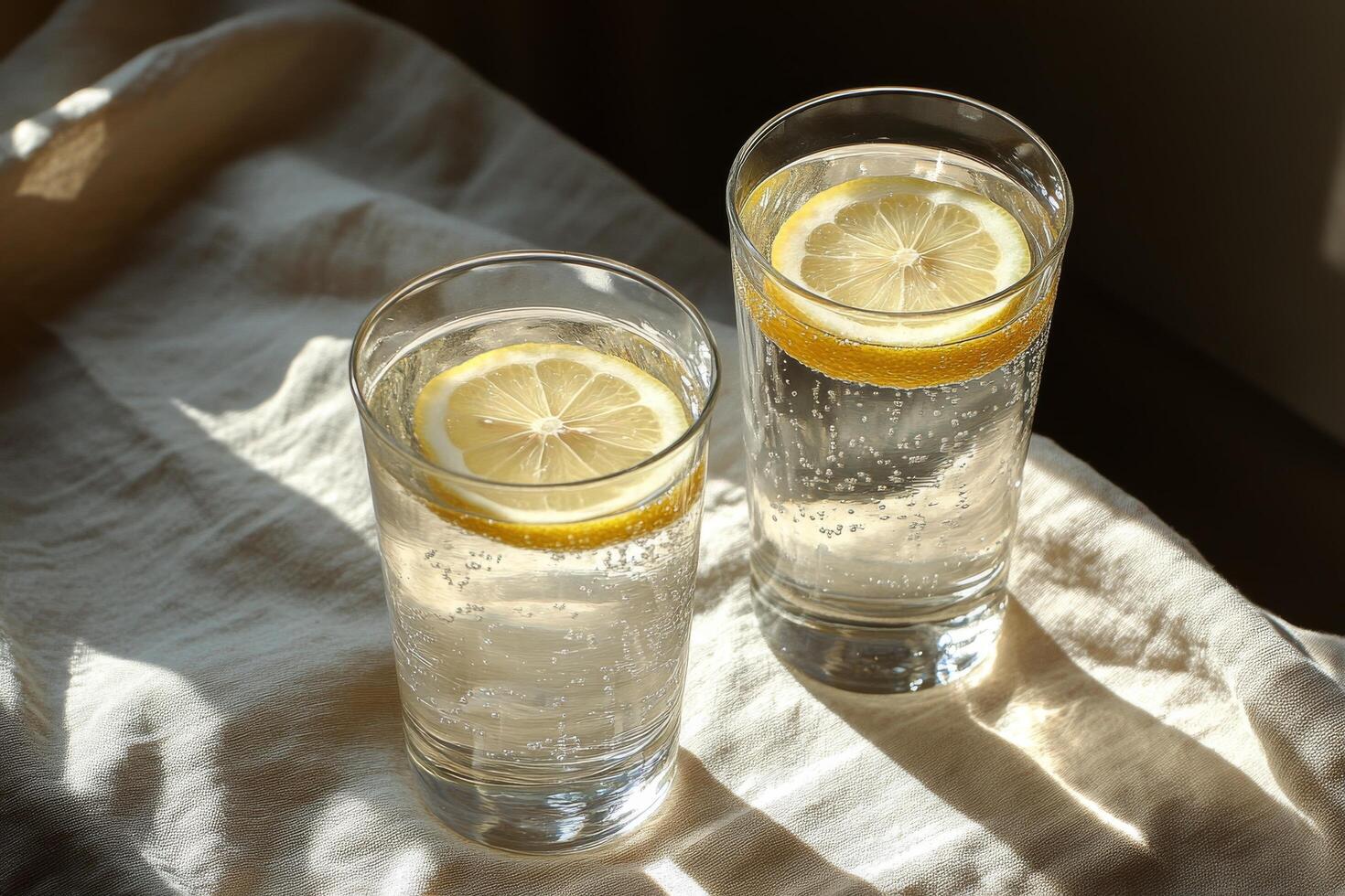 Refreshing lemonade served with lemon slices on a soft fabric surface in afternoon light photo