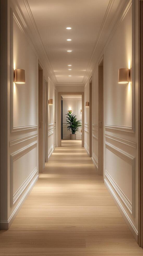Elegant corridor with soft lighting and decorative plants in a modern interior setting photo