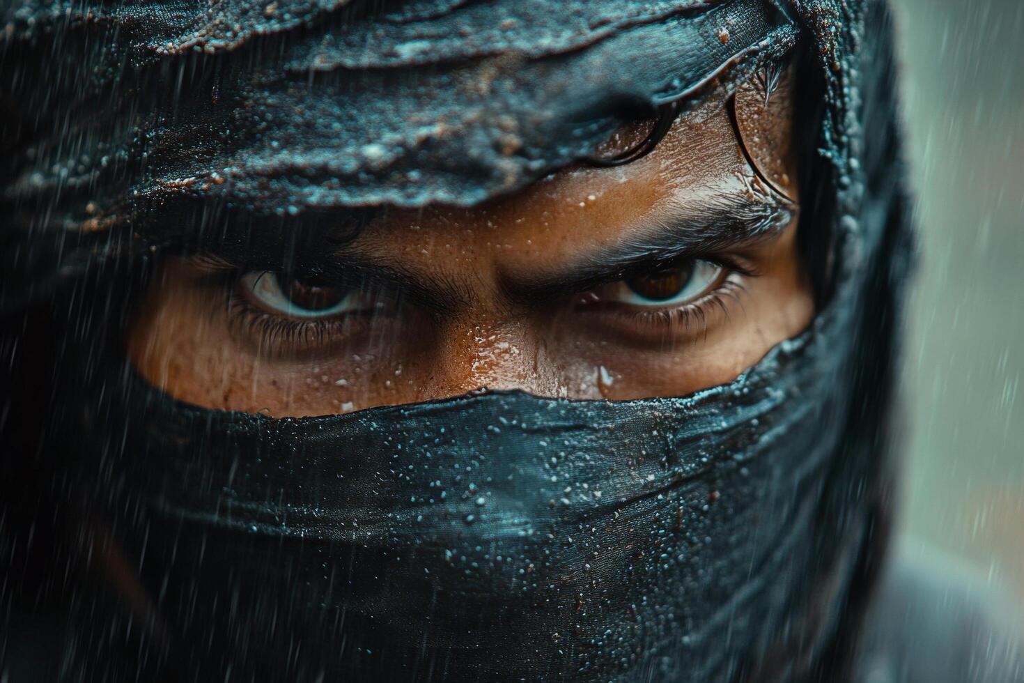 A masked warrior stands in the rain, eyes fixed with determination during an intense battle photo
