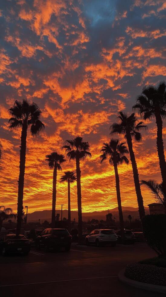 Vibrant sunset with palm trees silhouetted against a colorful sky in a tropical setting photo