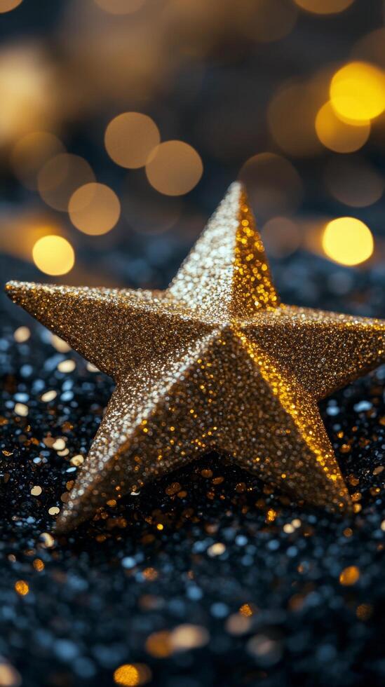 A golden star resting on a bed of glittering particles with a soft glowing background photo