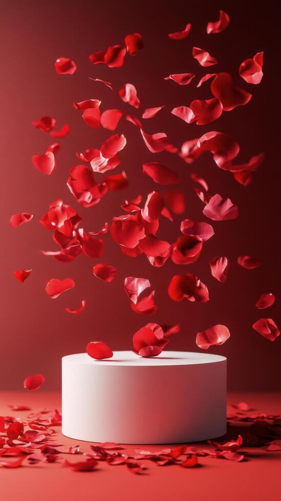 Floating rose petals cascade over a circular pedestal against a pink background photo