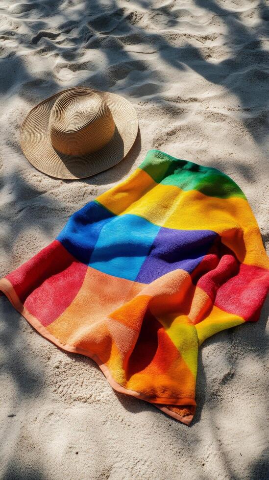 Colorful towel and sunhat on the sandy shore under sunlight on a summer afternoon photo