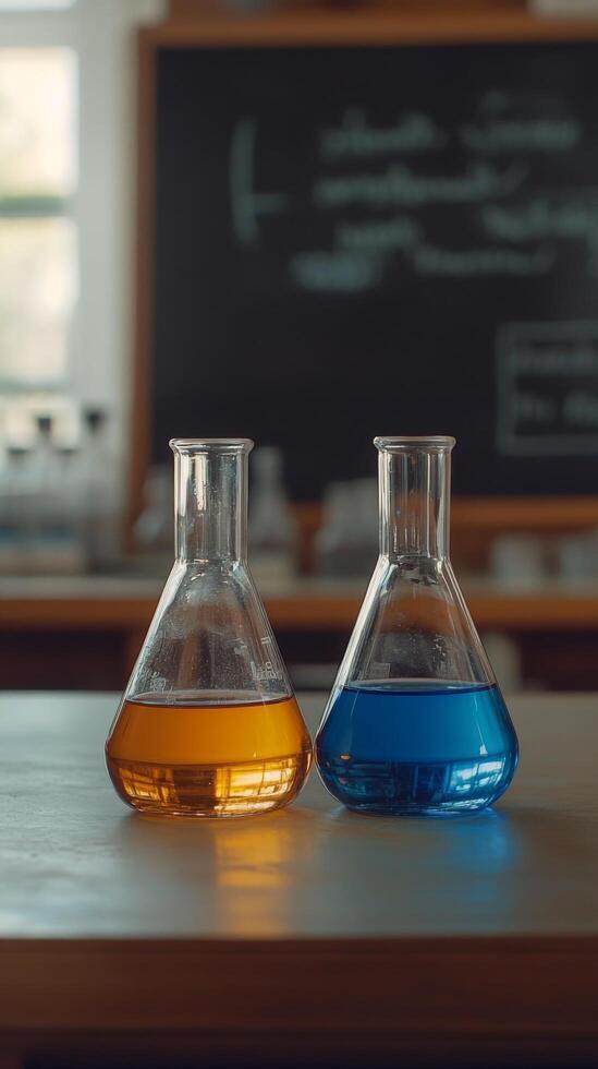Two glass flasks containing colorful liquids on a wooden table in a classroom during the day photo