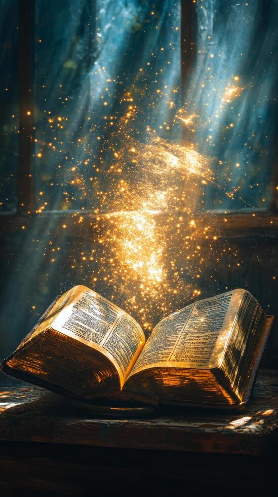 An open book emits glowing particles in a mystical setting with sunlight filtering through photo
