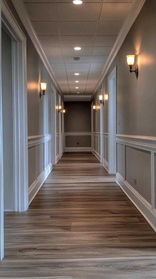 Elegant corridor with stylish lighting and wooden flooring in a modern home photo