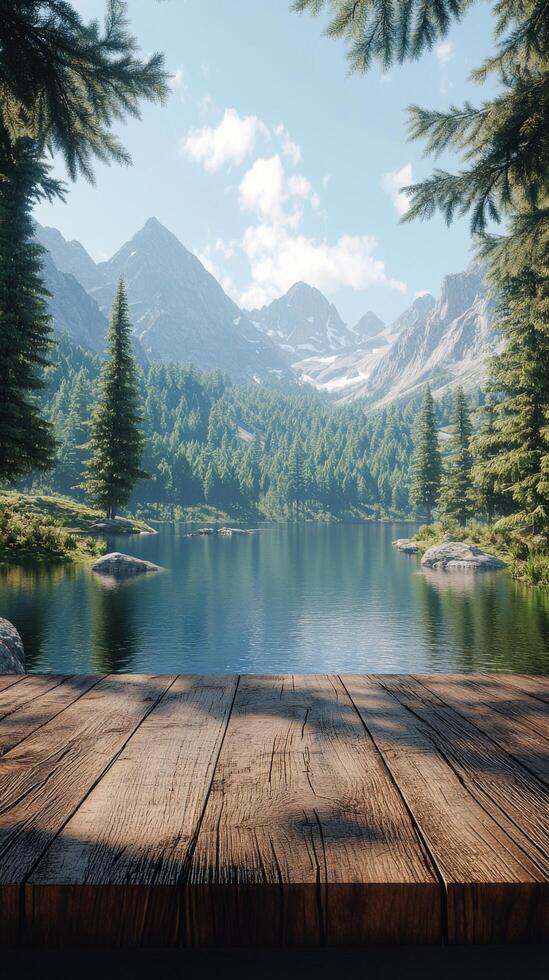 Tranquil lake surrounded by mountains and trees during a sunny day in a serene setting photo