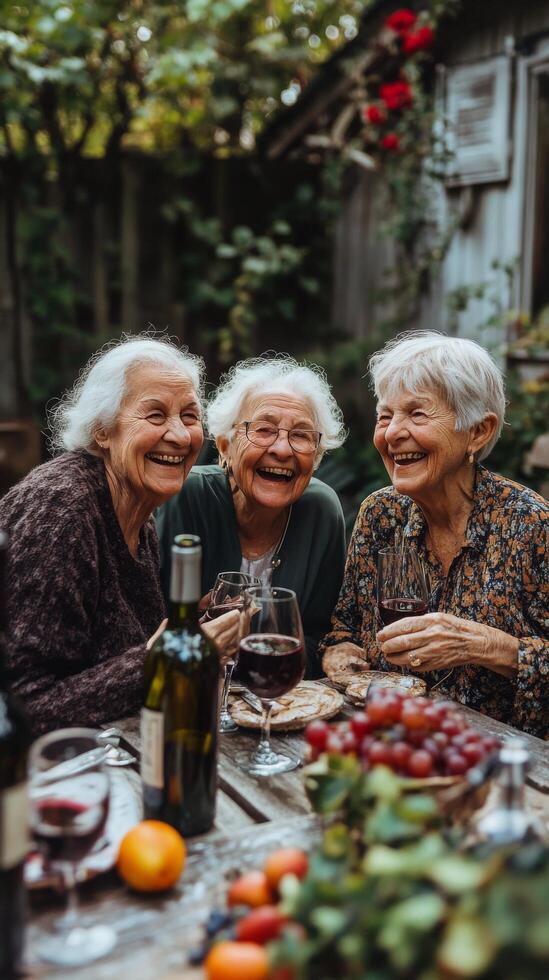 Three cheerful elderly women enjoy each others company in a cozy garden photo