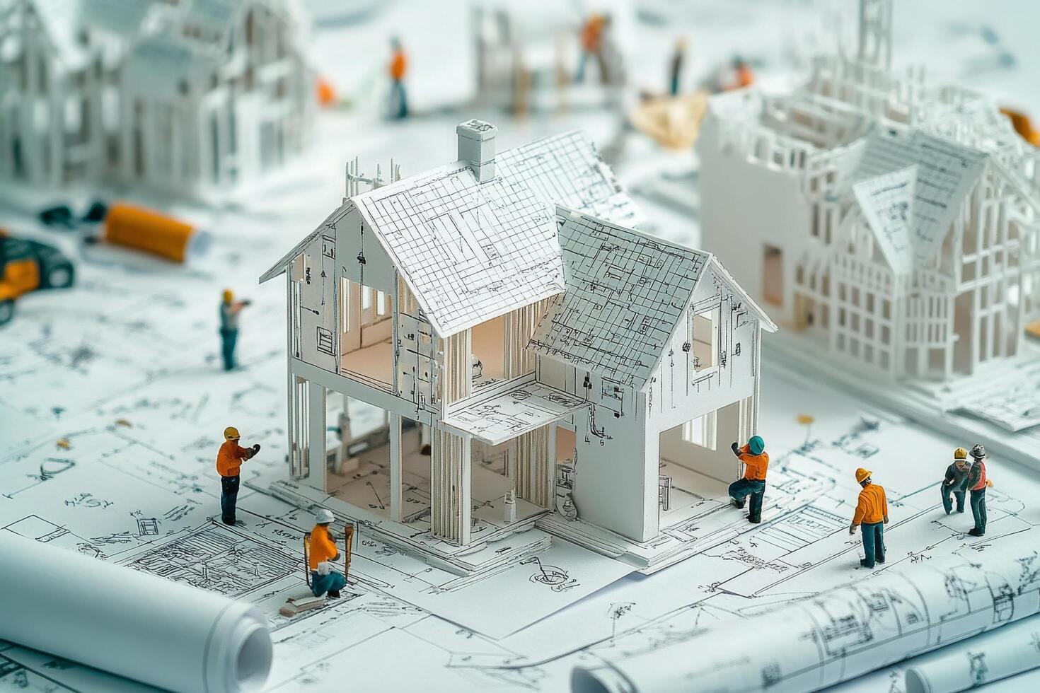 Construction simulation with miniature models and blueprints on a work table photo