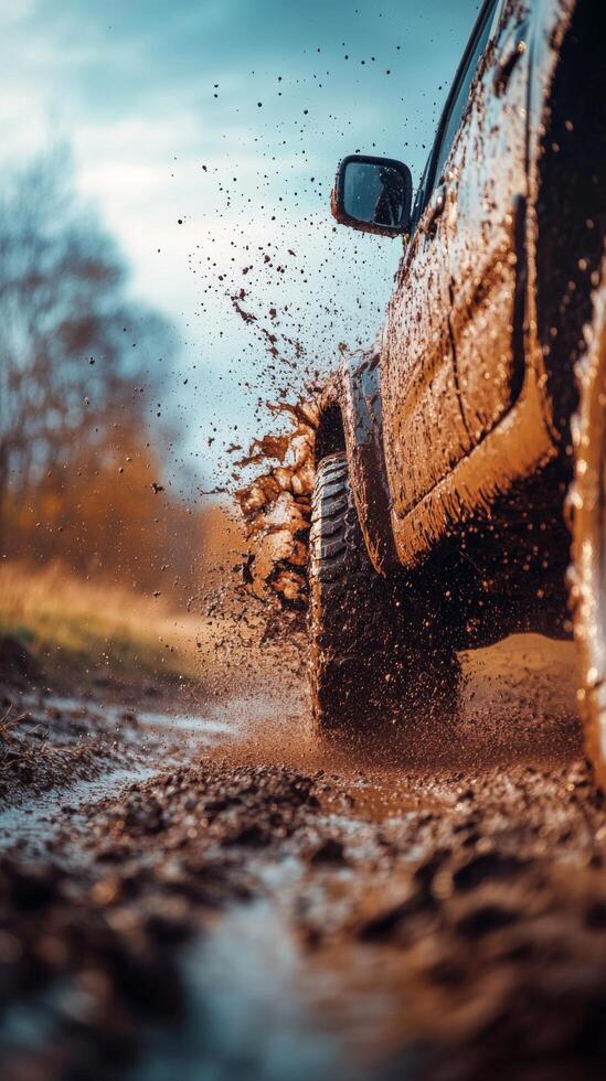 A muddy off road vehicle splashes through a puddle in the countryside during golden hour photo