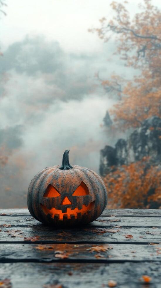 A carved pumpkin sits alone on a wooden surface in a foggy forest during autumn photo
