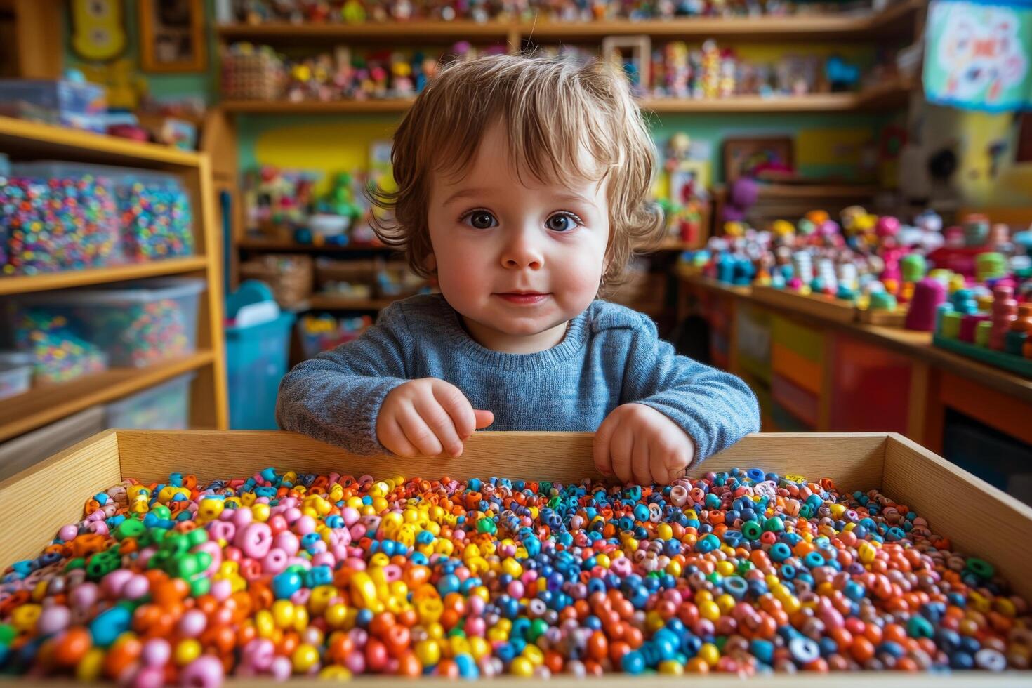 A young child enjoys colorful beads in a creative playroom filled with toys during daytime photo