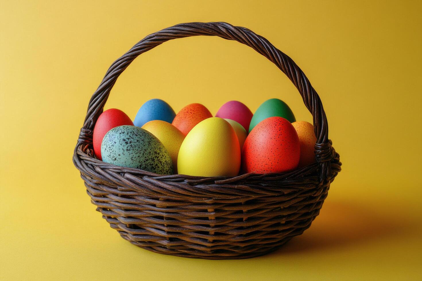 Colorful Easter eggs in a woven basket against a bright yellow background during springtime photo