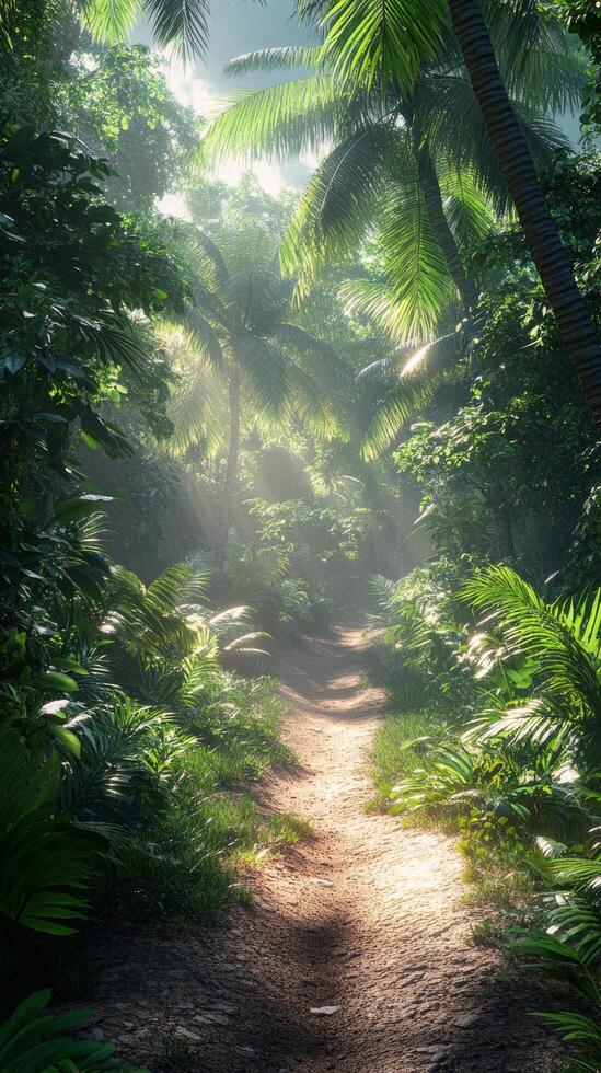 Lush tropical pathway leading through the dense greenery in a serene jungle setting photo