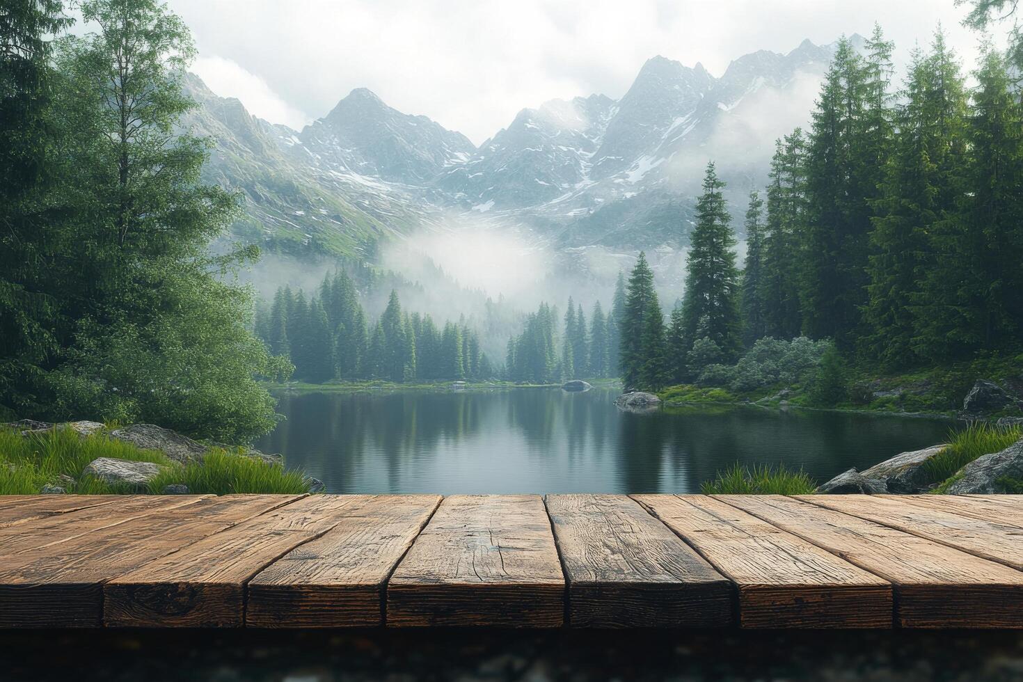 Tranquil lake surrounded by mountains and trees in a serene natural setting during daylight photo