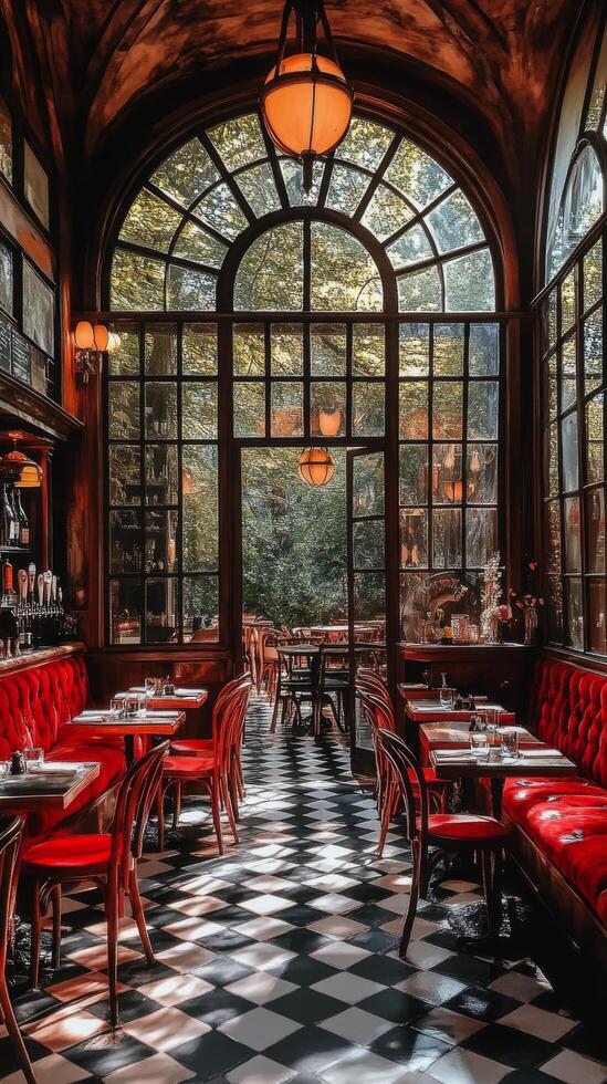 Cozy cafe interior with red chairs and large windows overlooking a vibrant street view photo