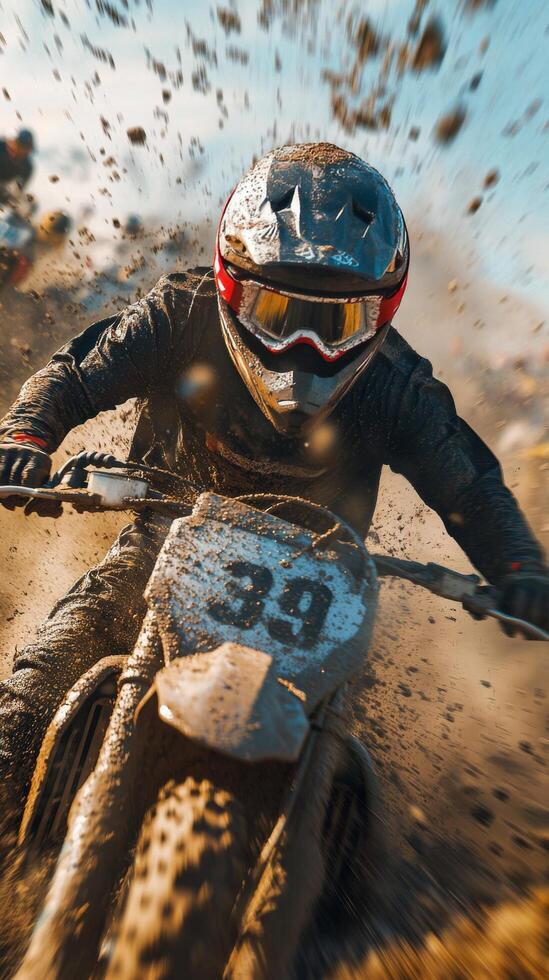 Motorcycle rider navigating through muddy terrain during an off road competition in autumn photo