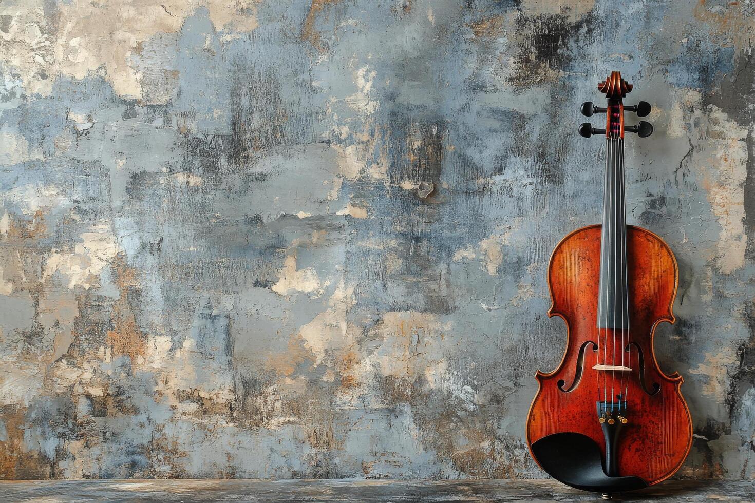 A beautifully crafted wooden violin displayed against a textured gray wall with autumn branches photo
