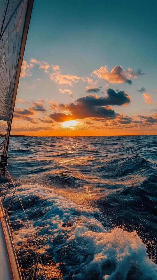 Sailing into the sunset over tranquil waters with colorful reflections photo