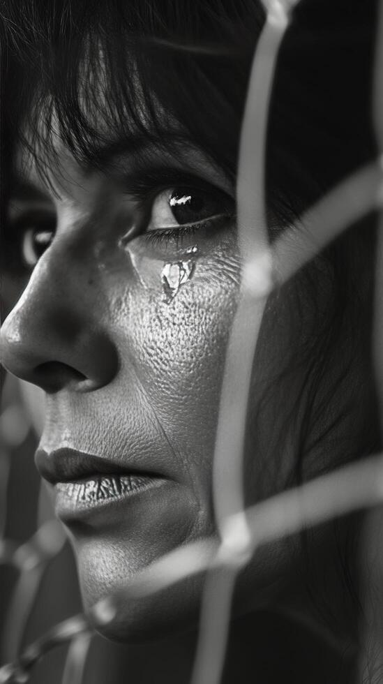 A woman gazes pensively through a shadowy pattern during a quiet afternoon photo
