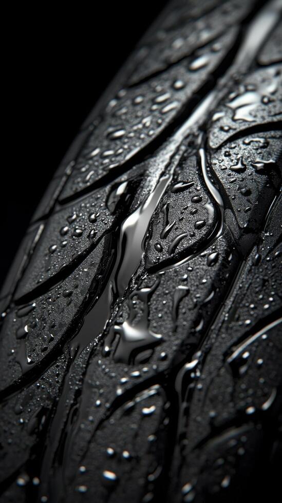 Close up of tire tread with water droplets highlighting texture and performance features photo