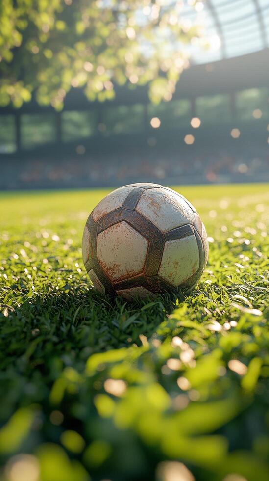 Golden soccer ball resting on grass with sunlight reflecting during a vibrant match atmosphere photo