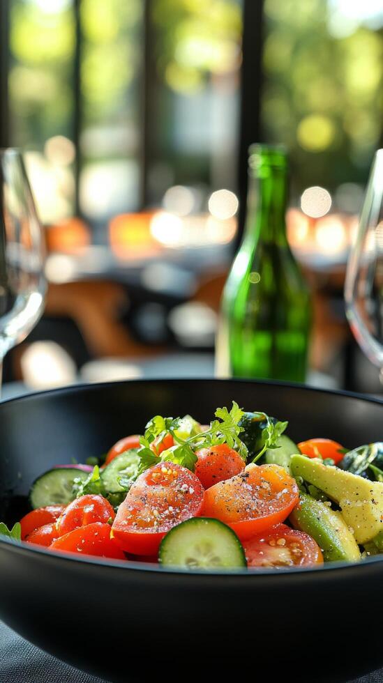 Fresh vegetable salad with tomatoes and cucumbers served in an elegant restaurant setting photo