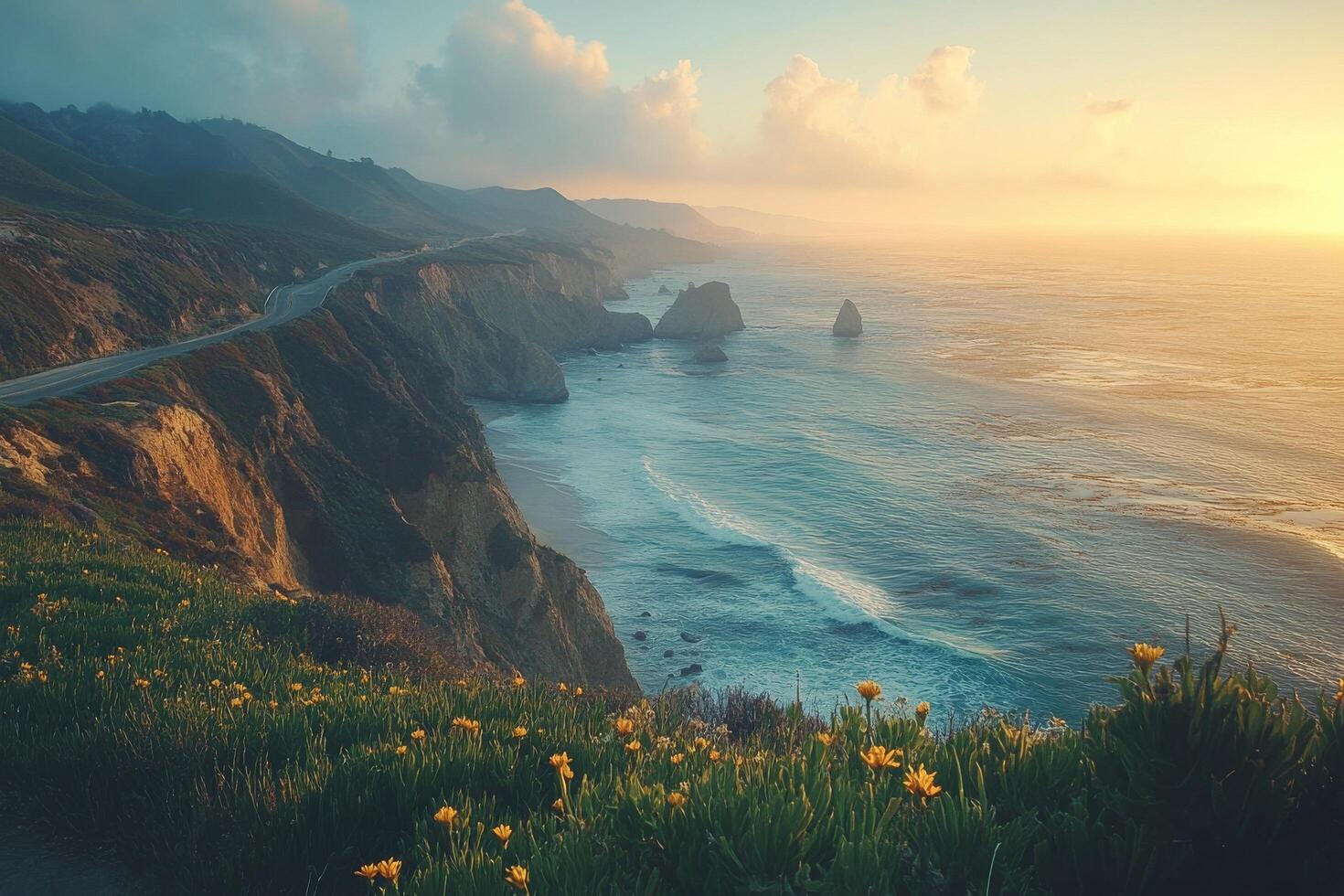 Scenic coastal road overlooking ocean and mountains during sunset with vibrant clouds photo